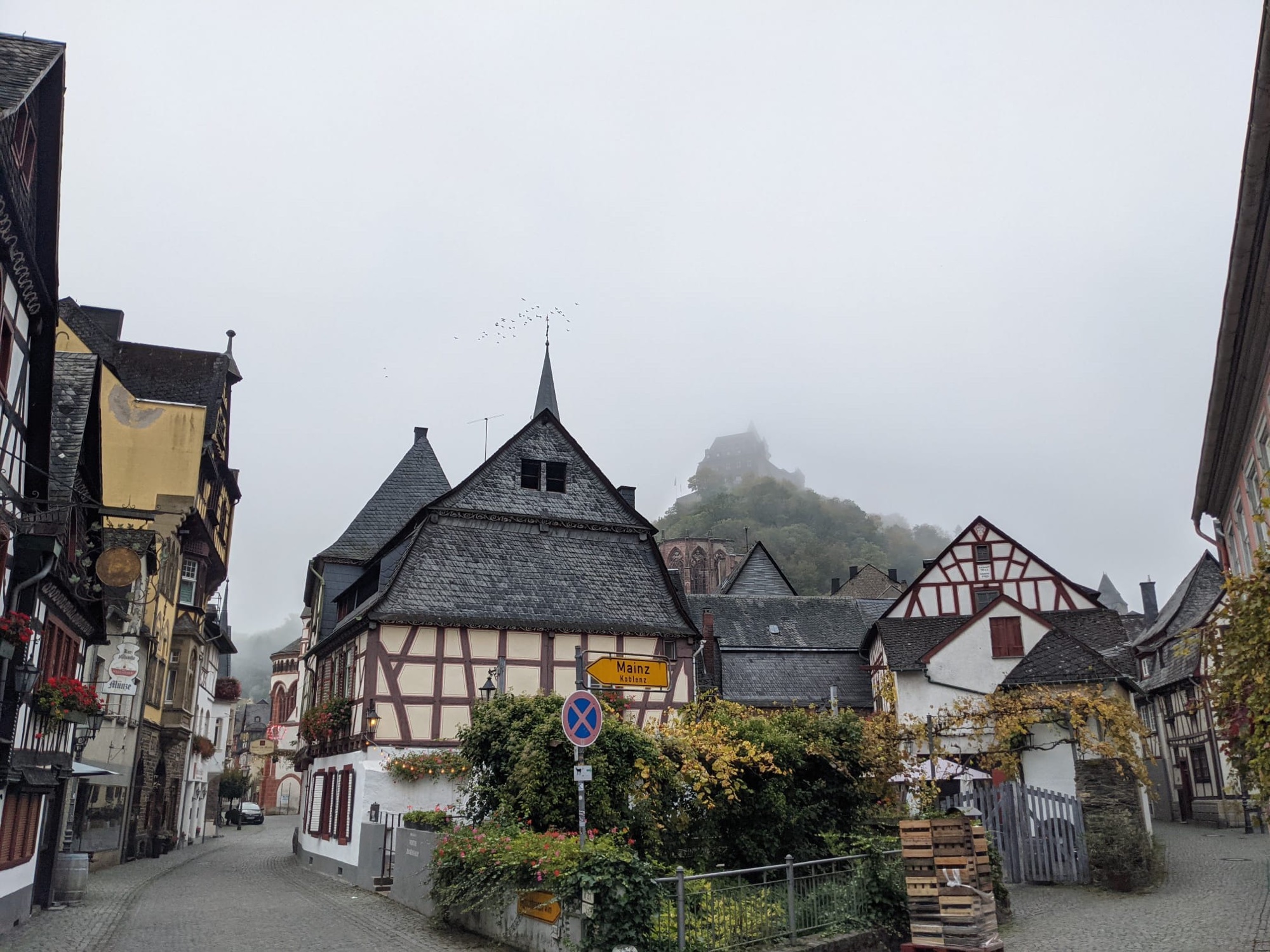 Half-timbered buildings and a hilltop castle in a misty Rhine Valley village